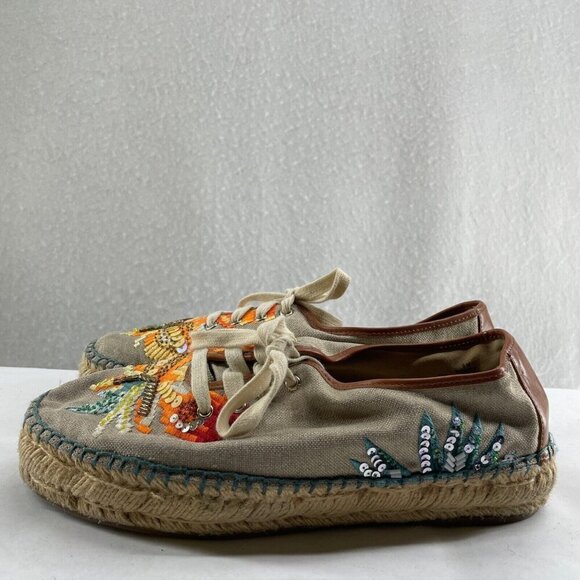 Nine West Guinup Espadrille Sneakers Women's Sz 8 Taupe Gray Embroidered Lace Up - Picture 1 of 10